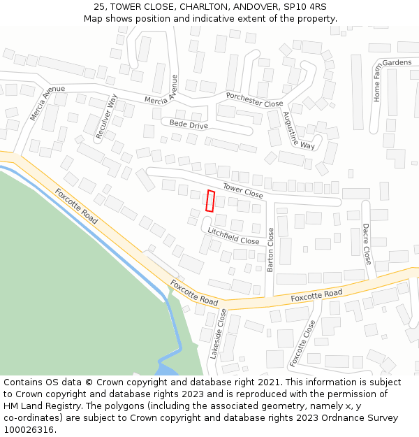 25, TOWER CLOSE, CHARLTON, ANDOVER, SP10 4RS: Location map and indicative extent of plot