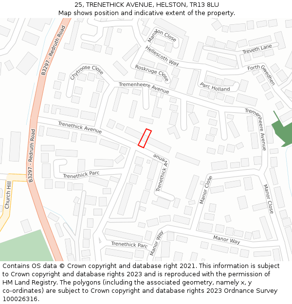 25, TRENETHICK AVENUE, HELSTON, TR13 8LU: Location map and indicative extent of plot