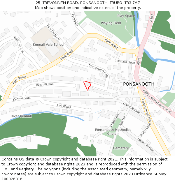 25, TREVONNEN ROAD, PONSANOOTH, TRURO, TR3 7AZ: Location map and indicative extent of plot