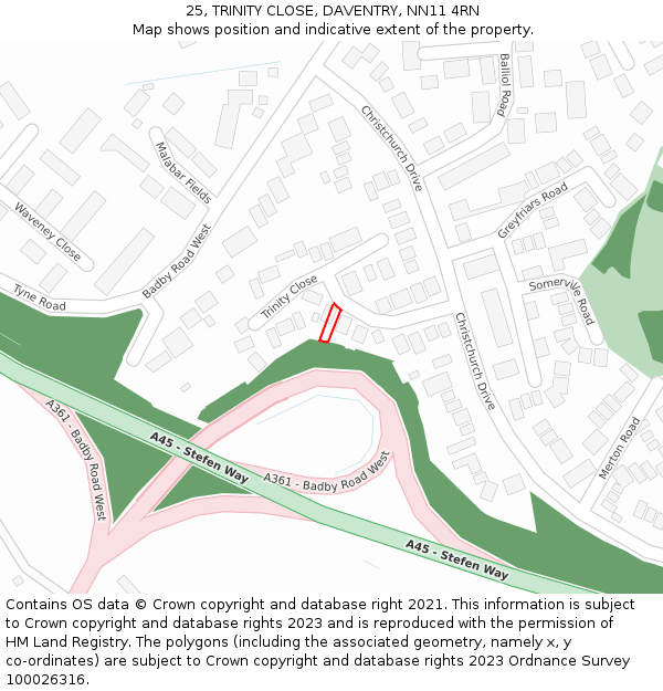 25, TRINITY CLOSE, DAVENTRY, NN11 4RN: Location map and indicative extent of plot