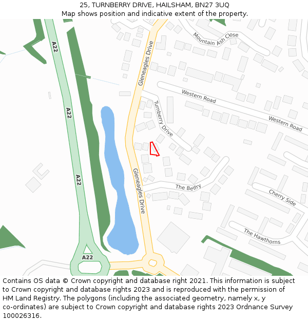 25, TURNBERRY DRIVE, HAILSHAM, BN27 3UQ: Location map and indicative extent of plot