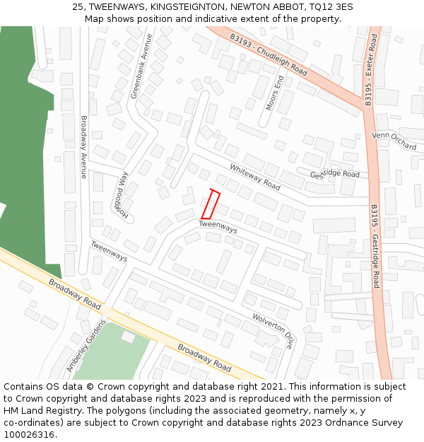 25, TWEENWAYS, KINGSTEIGNTON, NEWTON ABBOT, TQ12 3ES: Location map and indicative extent of plot