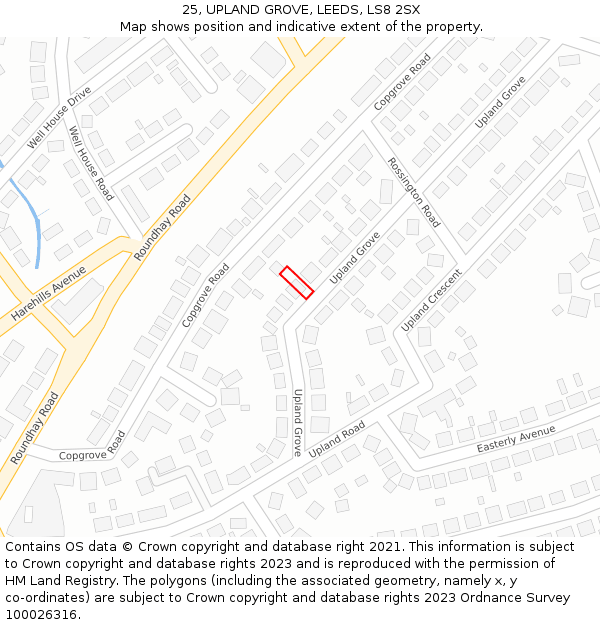 25, UPLAND GROVE, LEEDS, LS8 2SX: Location map and indicative extent of plot