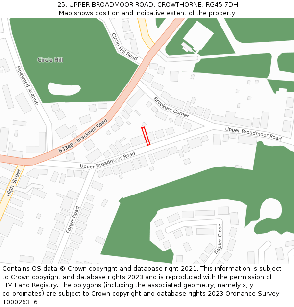 25, UPPER BROADMOOR ROAD, CROWTHORNE, RG45 7DH: Location map and indicative extent of plot