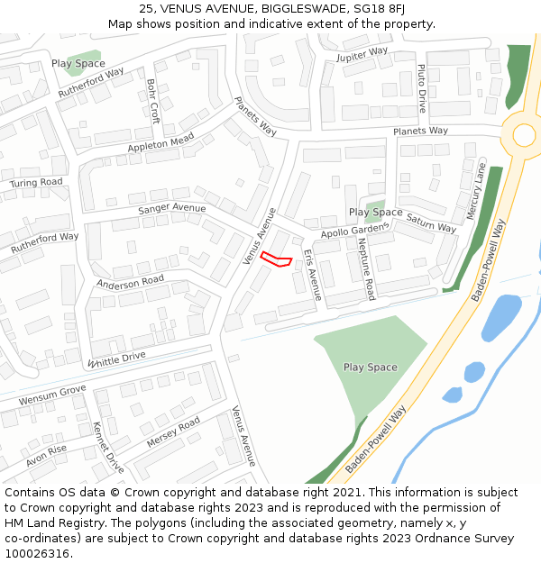 25, VENUS AVENUE, BIGGLESWADE, SG18 8FJ: Location map and indicative extent of plot