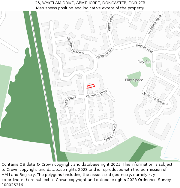 25, WAKELAM DRIVE, ARMTHORPE, DONCASTER, DN3 2FR: Location map and indicative extent of plot
