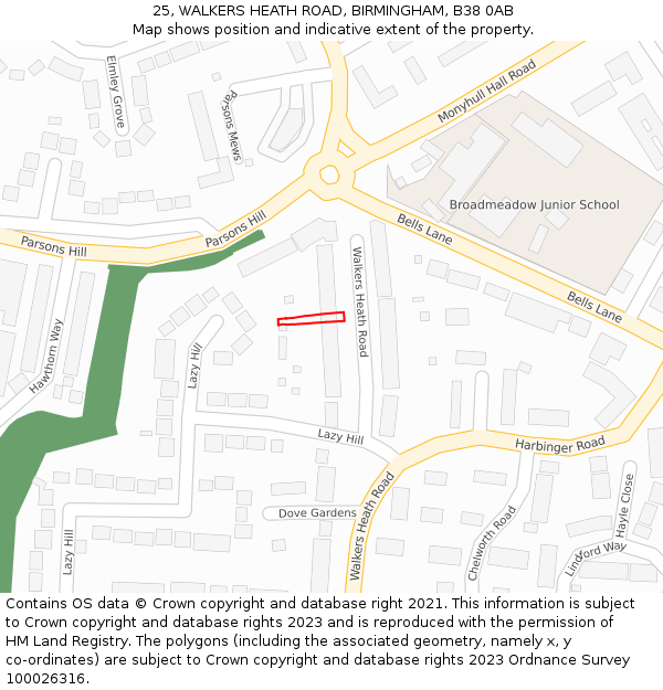 25, WALKERS HEATH ROAD, BIRMINGHAM, B38 0AB: Location map and indicative extent of plot