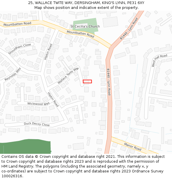 25, WALLACE TWITE WAY, DERSINGHAM, KING'S LYNN, PE31 6XY: Location map and indicative extent of plot