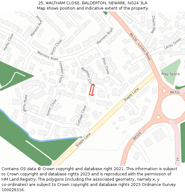 25, WALTHAM CLOSE, BALDERTON, NEWARK, NG24 3LA: Location map and indicative extent of plot