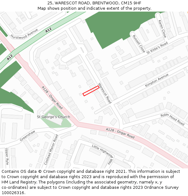 25, WARESCOT ROAD, BRENTWOOD, CM15 9HF: Location map and indicative extent of plot