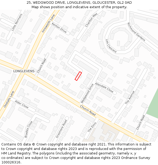 25, WEDGWOOD DRIVE, LONGLEVENS, GLOUCESTER, GL2 0AD: Location map and indicative extent of plot