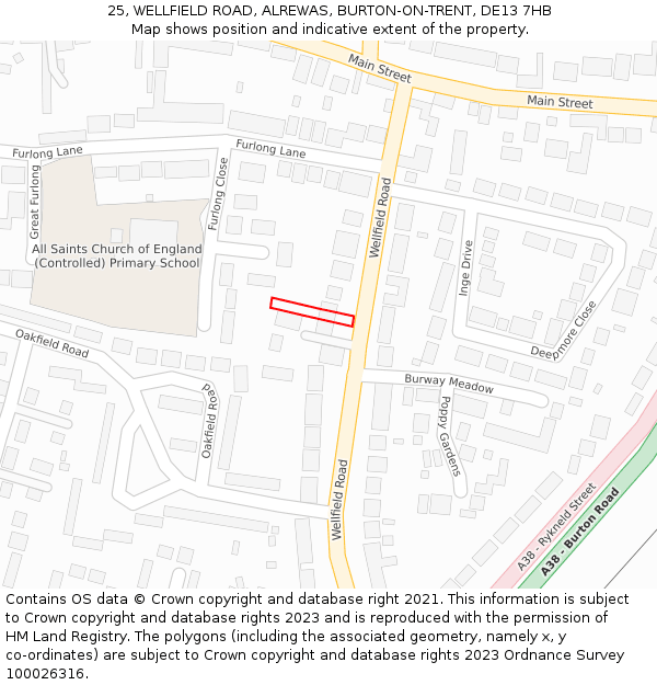 25, WELLFIELD ROAD, ALREWAS, BURTON-ON-TRENT, DE13 7HB: Location map and indicative extent of plot