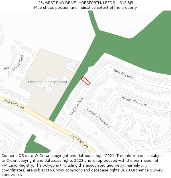 25, WEST END DRIVE, HORSFORTH, LEEDS, LS18 5JR: Location map and indicative extent of plot