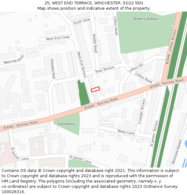 25, WEST END TERRACE, WINCHESTER, SO22 5EN: Location map and indicative extent of plot