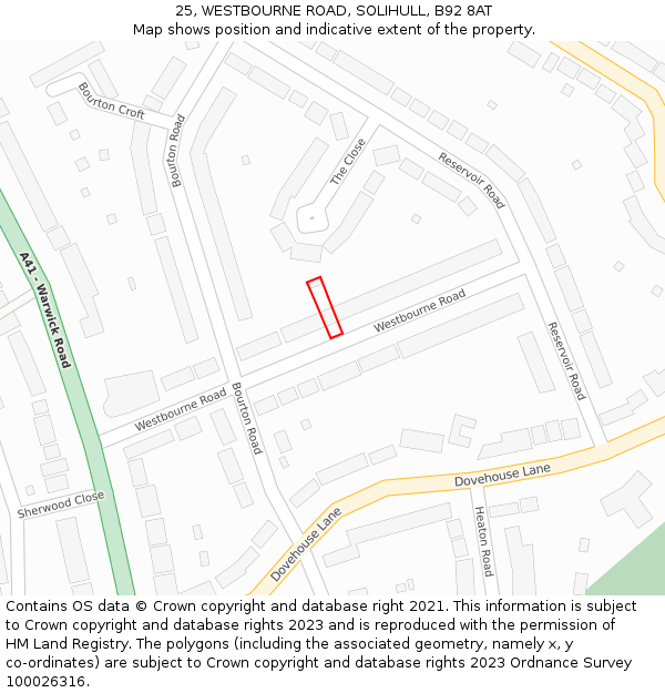 25, WESTBOURNE ROAD, SOLIHULL, B92 8AT: Location map and indicative extent of plot