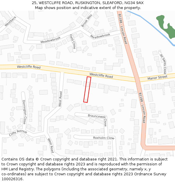 25, WESTCLIFFE ROAD, RUSKINGTON, SLEAFORD, NG34 9AX: Location map and indicative extent of plot