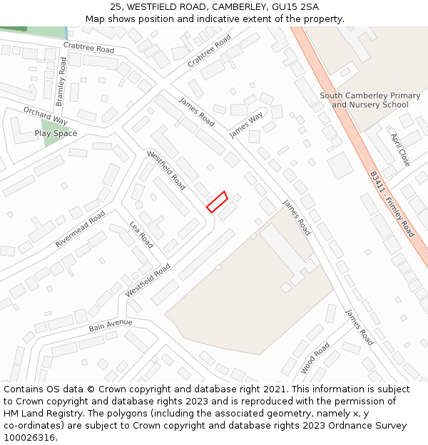 25, WESTFIELD ROAD, CAMBERLEY, GU15 2SA: Location map and indicative extent of plot