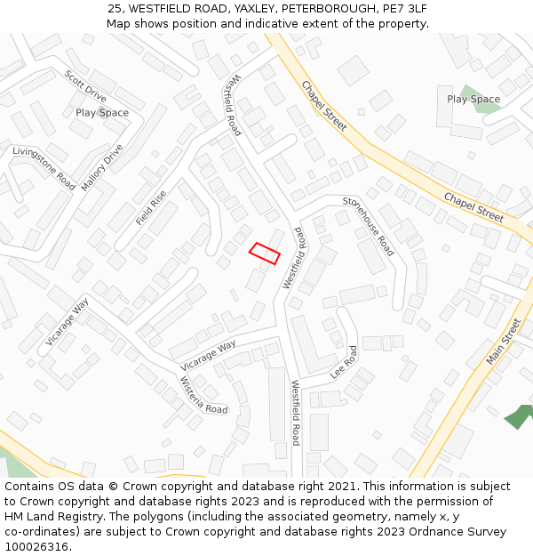 25, WESTFIELD ROAD, YAXLEY, PETERBOROUGH, PE7 3LF: Location map and indicative extent of plot