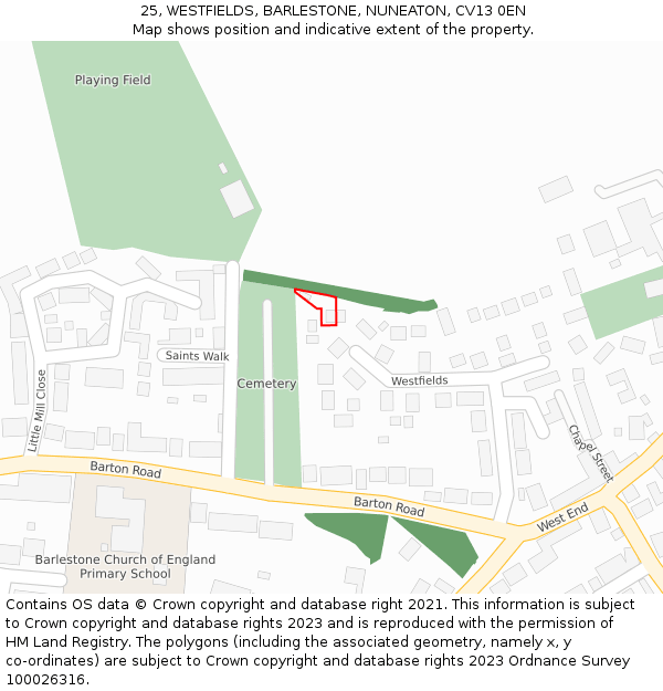25, WESTFIELDS, BARLESTONE, NUNEATON, CV13 0EN: Location map and indicative extent of plot