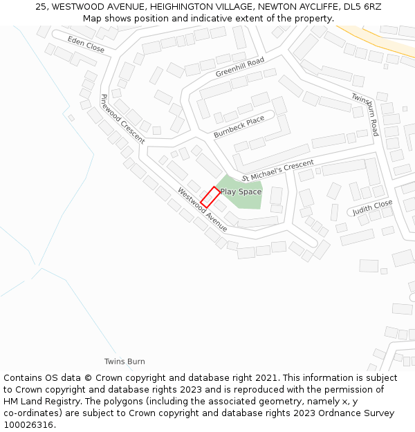 25, WESTWOOD AVENUE, HEIGHINGTON VILLAGE, NEWTON AYCLIFFE, DL5 6RZ: Location map and indicative extent of plot