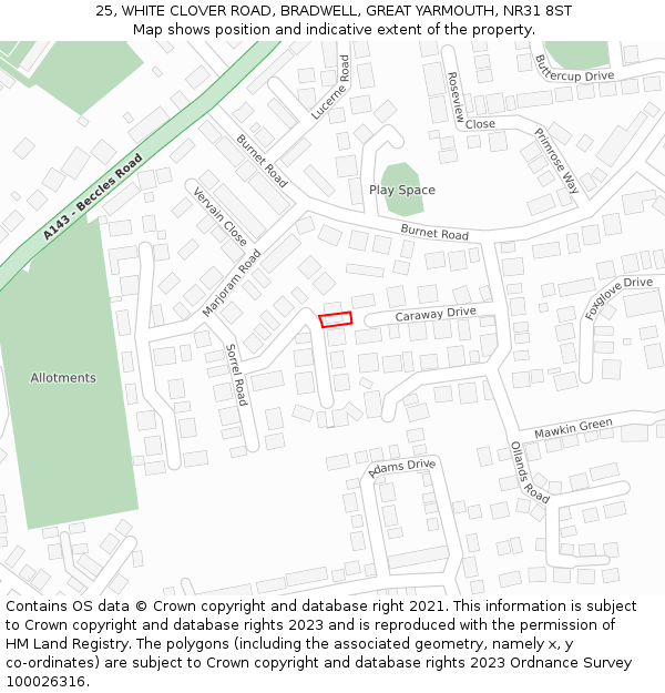 25, WHITE CLOVER ROAD, BRADWELL, GREAT YARMOUTH, NR31 8ST: Location map and indicative extent of plot