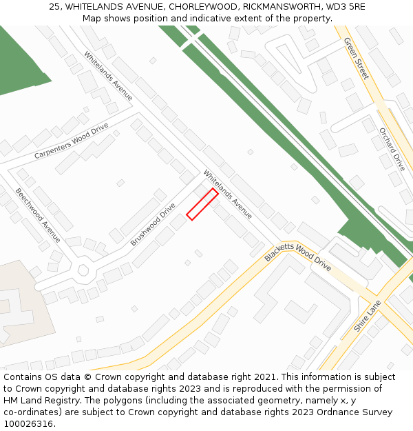 25, WHITELANDS AVENUE, CHORLEYWOOD, RICKMANSWORTH, WD3 5RE: Location map and indicative extent of plot