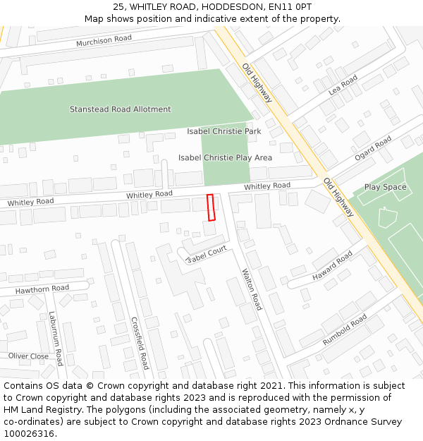 25, WHITLEY ROAD, HODDESDON, EN11 0PT: Location map and indicative extent of plot