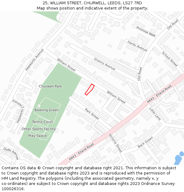 25, WILLIAM STREET, CHURWELL, LEEDS, LS27 7RD: Location map and indicative extent of plot