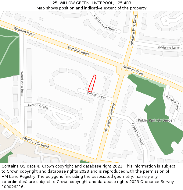 25, WILLOW GREEN, LIVERPOOL, L25 4RR: Location map and indicative extent of plot