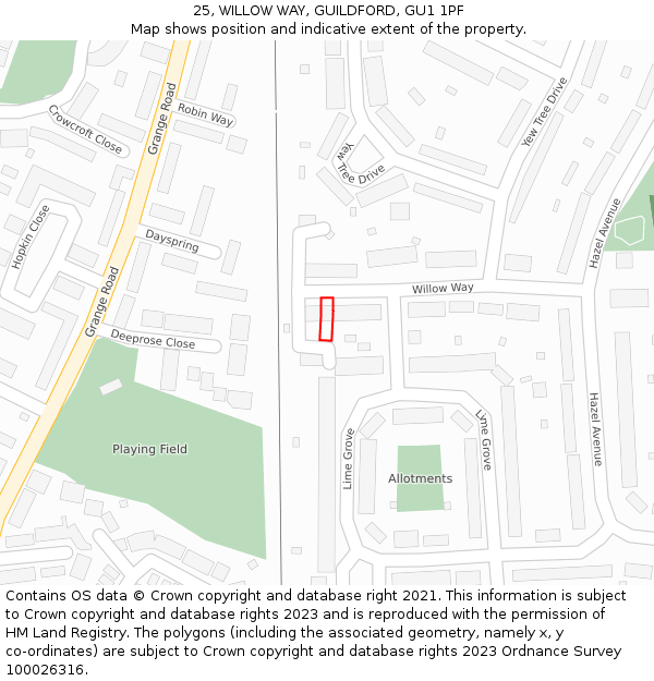 25, WILLOW WAY, GUILDFORD, GU1 1PF: Location map and indicative extent of plot
