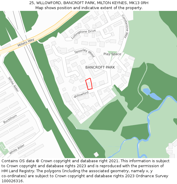 25, WILLOWFORD, BANCROFT PARK, MILTON KEYNES, MK13 0RH: Location map and indicative extent of plot