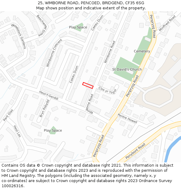 25, WIMBORNE ROAD, PENCOED, BRIDGEND, CF35 6SG: Location map and indicative extent of plot
