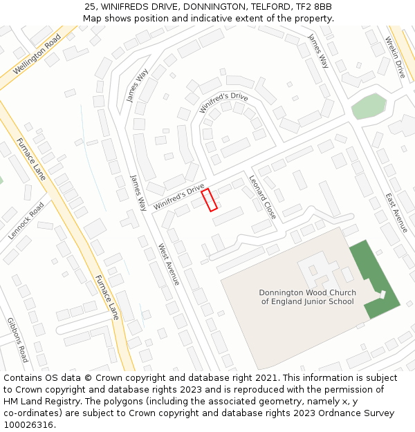 25, WINIFREDS DRIVE, DONNINGTON, TELFORD, TF2 8BB: Location map and indicative extent of plot