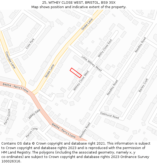 25, WITHEY CLOSE WEST, BRISTOL, BS9 3SX: Location map and indicative extent of plot