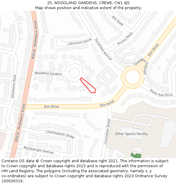 25, WOODLAND GARDENS, CREWE, CW1 4JS: Location map and indicative extent of plot