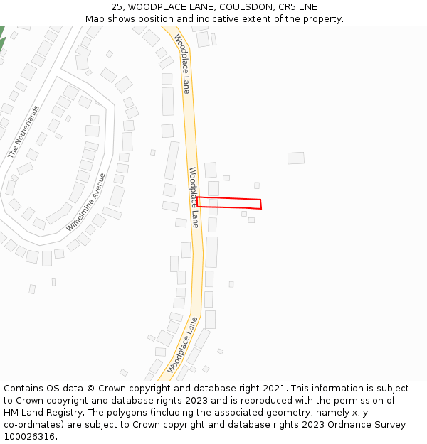 25, WOODPLACE LANE, COULSDON, CR5 1NE: Location map and indicative extent of plot