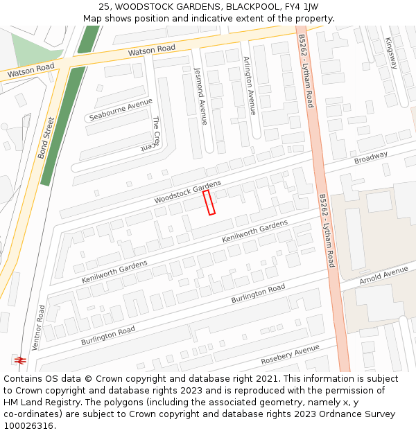 25, WOODSTOCK GARDENS, BLACKPOOL, FY4 1JW: Location map and indicative extent of plot