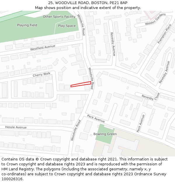 25, WOODVILLE ROAD, BOSTON, PE21 8AP: Location map and indicative extent of plot