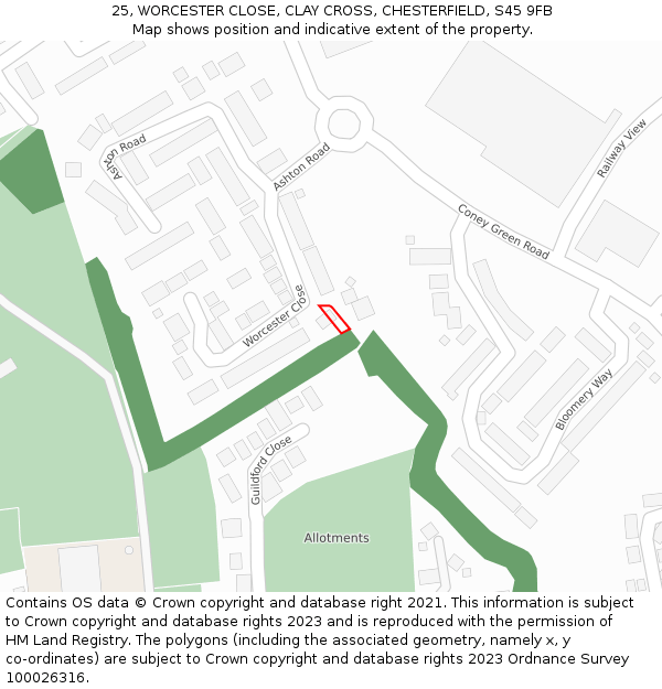 25, WORCESTER CLOSE, CLAY CROSS, CHESTERFIELD, S45 9FB: Location map and indicative extent of plot