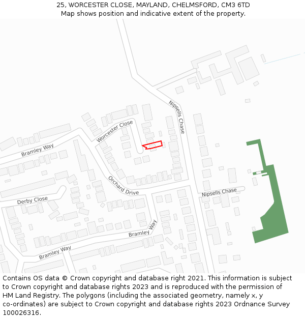 25, WORCESTER CLOSE, MAYLAND, CHELMSFORD, CM3 6TD: Location map and indicative extent of plot