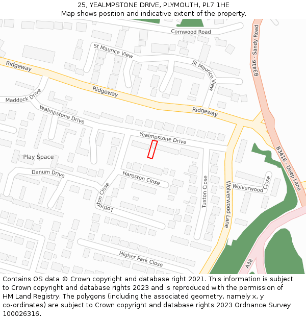 25, YEALMPSTONE DRIVE, PLYMOUTH, PL7 1HE: Location map and indicative extent of plot