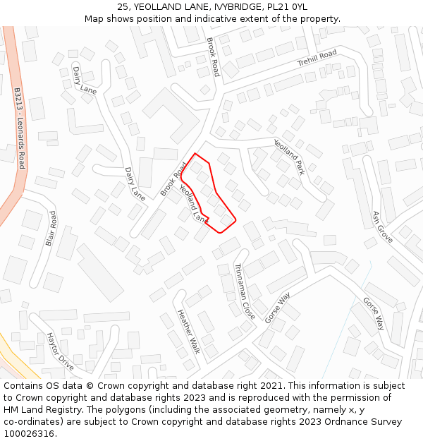 25, YEOLLAND LANE, IVYBRIDGE, PL21 0YL: Location map and indicative extent of plot