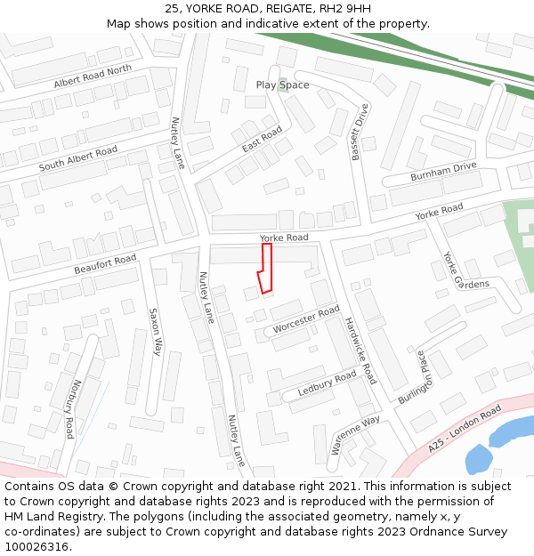 25, YORKE ROAD, REIGATE, RH2 9HH: Location map and indicative extent of plot