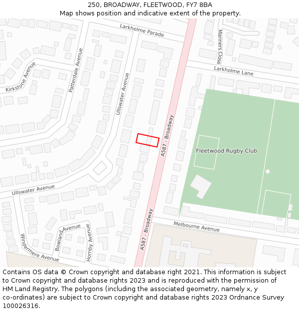 250, BROADWAY, FLEETWOOD, FY7 8BA: Location map and indicative extent of plot