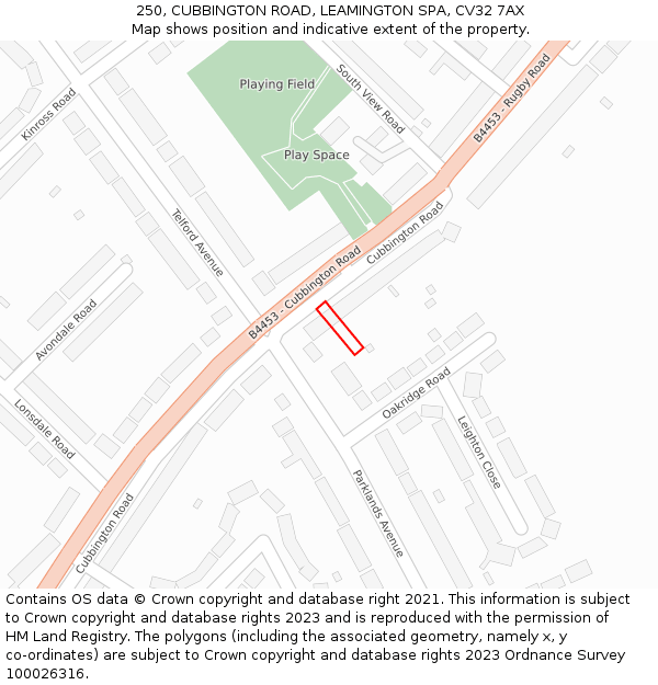 250, CUBBINGTON ROAD, LEAMINGTON SPA, CV32 7AX: Location map and indicative extent of plot