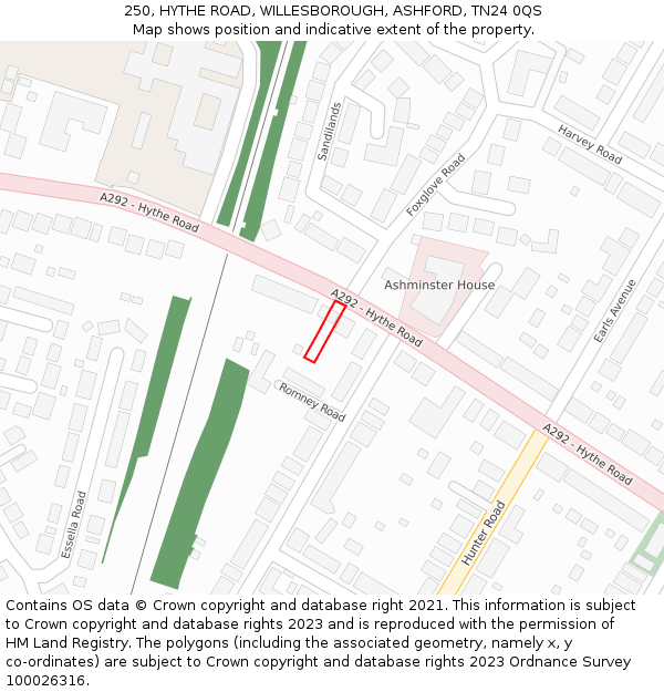 250, HYTHE ROAD, WILLESBOROUGH, ASHFORD, TN24 0QS: Location map and indicative extent of plot