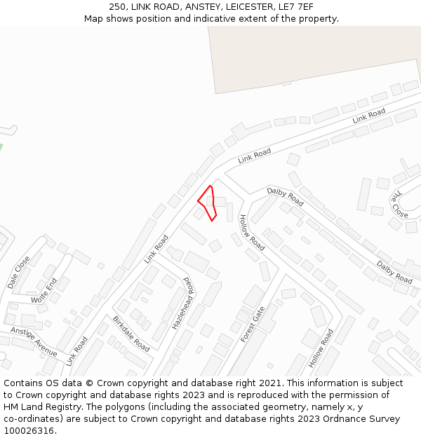 250, LINK ROAD, ANSTEY, LEICESTER, LE7 7EF: Location map and indicative extent of plot