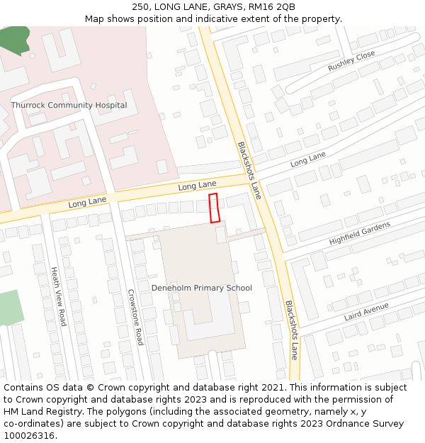 250, LONG LANE, GRAYS, RM16 2QB: Location map and indicative extent of plot