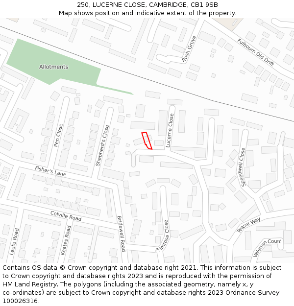 250, LUCERNE CLOSE, CAMBRIDGE, CB1 9SB: Location map and indicative extent of plot