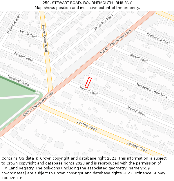 250, STEWART ROAD, BOURNEMOUTH, BH8 8NY: Location map and indicative extent of plot